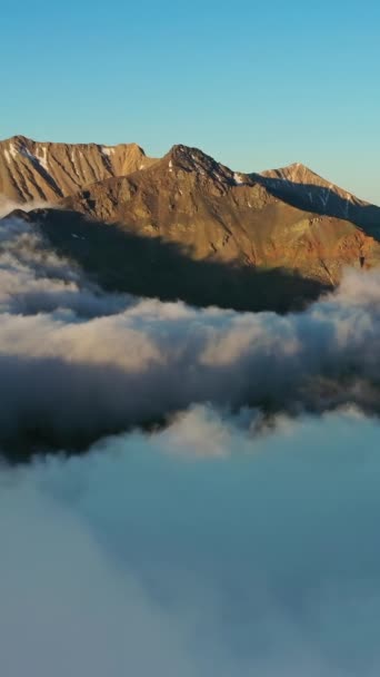 在云上飞翔 日出时的云山全景 坐飞机旅行 背景完美 垂直录像 — 图库视频影像