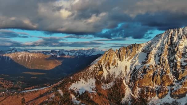Aerial View Amazing Rocky Mountains Snow Sunset Dolomites Italy — Stock Video