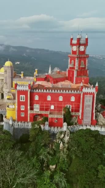 葡萄牙辛特拉佩纳宫 Palacio Pena 的空中景观 垂直录像 — 图库视频影像