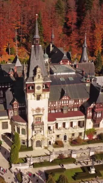 秋の森 シナイア ルーマニアのペレス城の周りの空中 ルーマニアの王の夏の住居 バーティカルビデオ — ストック動画