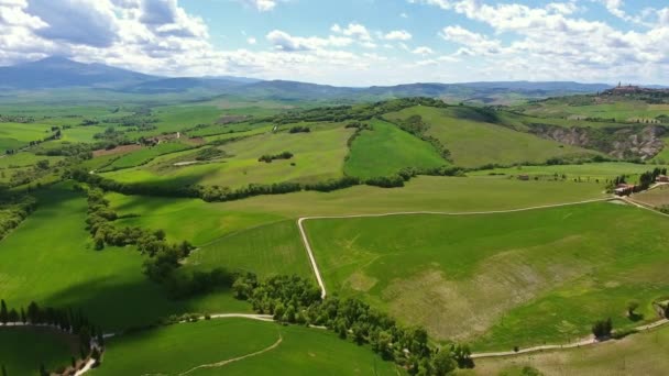Tuscany Aerial Landscape Road Cypresses Farmland Hill Country Sunset Italy — Stock Video