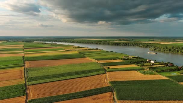 Αεροφωτογραφία Πολύχρωμων Αγρών Στην Ψηλή Όχθη Του Ποταμού Δούναβη Στη — Αρχείο Βίντεο