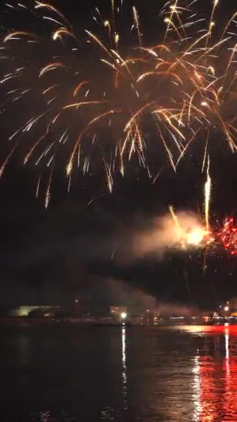Focuri Artificii Strălucitoare Care Explodează Lumini Colorate Deasupra Malului Mării — Videoclip de stoc