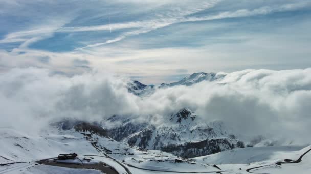 Αεροφωτογραφία Του Grossgloknershtrasse Στο Χιόνι Μεγάλος Ορεινός Δρόμος Κοντά Στο — Αρχείο Βίντεο