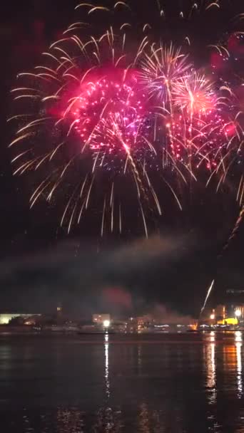 Fogos Artifício Brilhantes Explodindo Com Luzes Coloridas Sobre Costa Mar — Vídeo de Stock