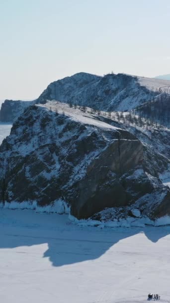 Aerian Jurul Lacului Înghețat Baikal Insula Olkhon Capul Piatră Khoboy — Videoclip de stoc