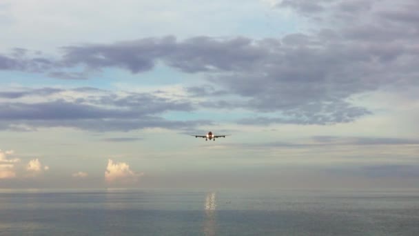Passenger Airplane Landing Tropical Sea Morning — Stock Video