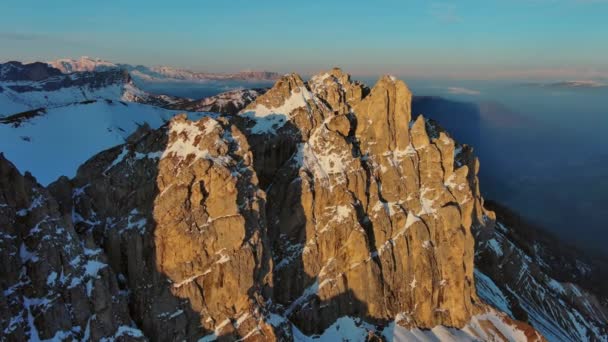 Aerial View Amazing Rocky Mountains Snow Sunrise Dolomites Italy — Stock Video