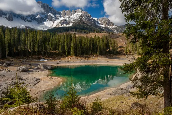 Landscape Karersee Lake Mountain Forest Lago Carezza Dolomites Italy — Stock Photo, Image