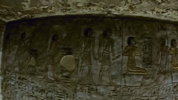 Oude Kleur Egypt Beelden Hiërogliefen Muur Van Graf — Stockvideo