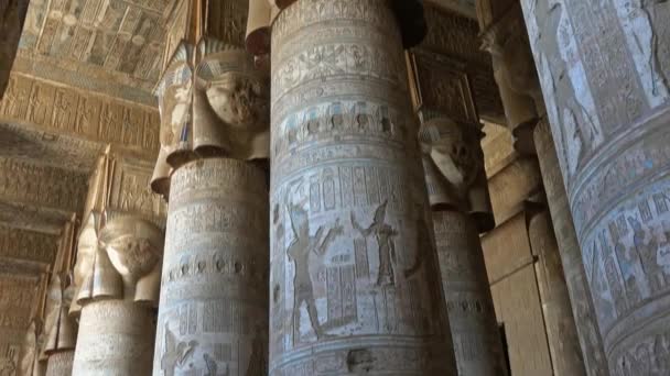 Interior Sala Hipóstila Pintada Tallada Templo Dendera Antiguo Templo Egipcio — Vídeo de stock