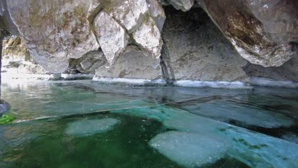 Ice Cave Baikal Lake Winter Clear Transparent Ice Icicles Grotto — 图库视频影像
