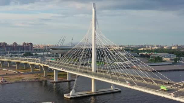 Vue Aérienne Pont Haubans Nouveau Stade Saint Pétersbourg Coucher Soleil — Video