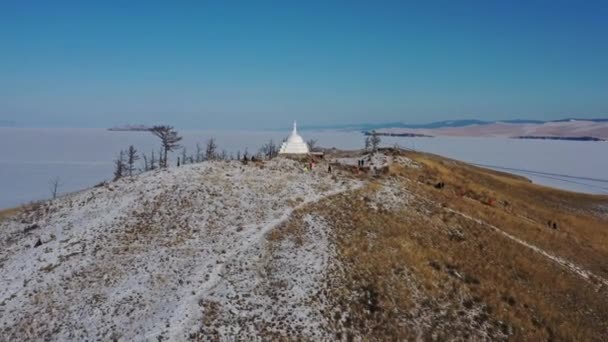 Aerial View All Auspicious Stupa Great Awakening Ogoy Island Winter — Stock Video