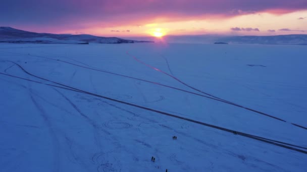 Vista Aérea Lago Congelado Baikal Pôr Sol Temporada Inverno Sibéria — Vídeo de Stock