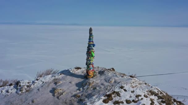 Vista Aérea Alrededor Del Lago Congelado Baikal Isla Olkhon Capa — Vídeo de stock