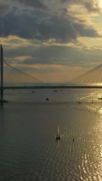 Vue Aérienne Pont Haubans Saint Pétersbourg Pendant Coucher Soleil Vidéo — Video
