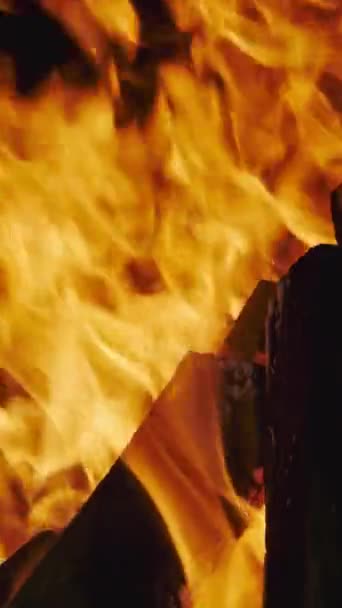 Brennendes Feuer Brennholzkohle Und Flammennahaufnahme Kamin Zeitlupe Vertikales Video — Stockvideo