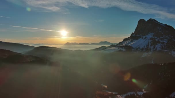 Aerial View Amazing Rocky Mountains Snow Sunrise Sun Dolomites Italy — Stock Video
