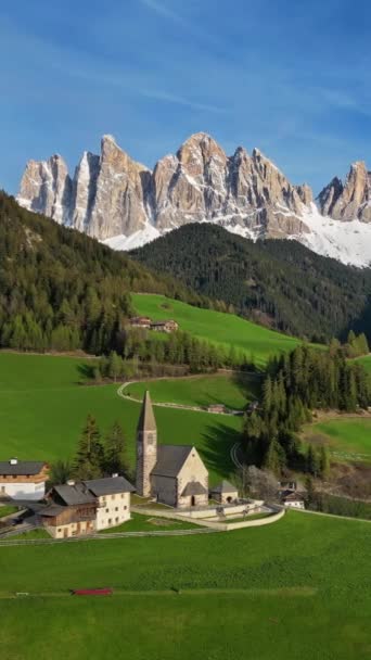サンタ マグダレナ村 イタリアのドロマイトアルプス 南チロル バルディ ファーンズ イタリアの春の風景 バーティカルビデオ — ストック動画