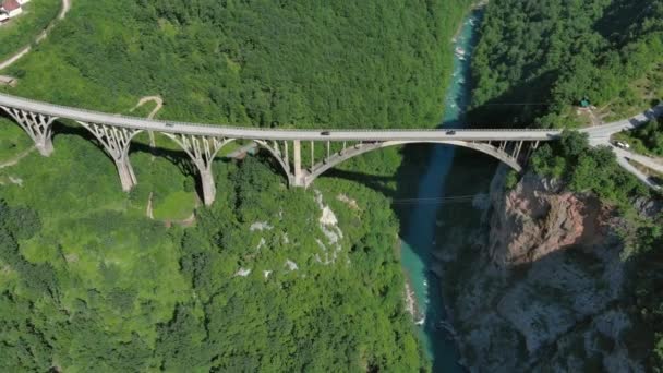 Αεροφωτογραφία Κλίσης Στην Τοξωτή Γέφυρα Djurdjevica Πάνω Από Τον Ποταμό — Αρχείο Βίντεο