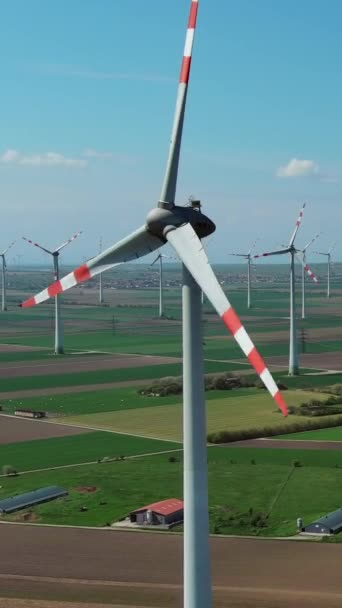 風力タービンと農業分野の航空観測 風車タービンは グリーンエネルギーを生成します バーティカルビデオ — ストック動画