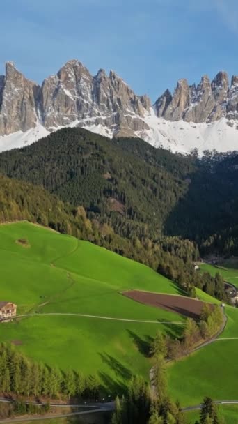 意大利Val Funes南蒂罗尔的意大利白云石阿尔卑斯山Santa Magdalena村的春景 垂直录像 — 图库视频影像