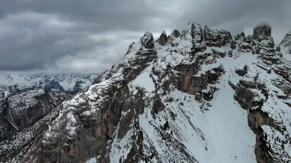 Aerial View Amazing Rocky Mountains Snow Moody Gray Clouds Dolomites — Stock Photo, Image