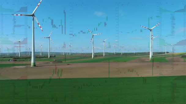 Windräder Auf Dem Hintergrund Von Aktiendiagrammen Luftaufnahme Ökostromerzeugung Geschäftsfinanzielles Konzept — Stockvideo