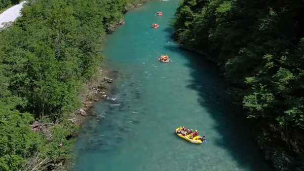 Vue Aérienne Des Bateaux Rafting Sur Rivière Montagne Turquoise Tara — Photo