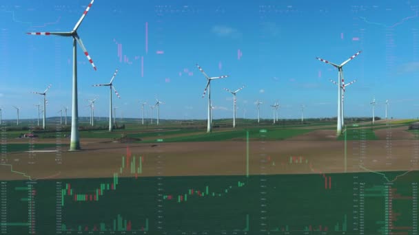 Borsa Haritalarının Arka Planında Rüzgar Türbinleri Hava Manzarası Yeşil Enerji — Stok video