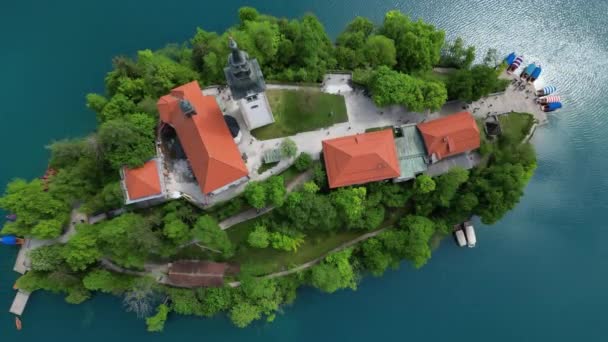 エアリアルトップビュー マリアの仮定の巡礼教会 小さな島で ブレッド湖 スロベニア — ストック動画
