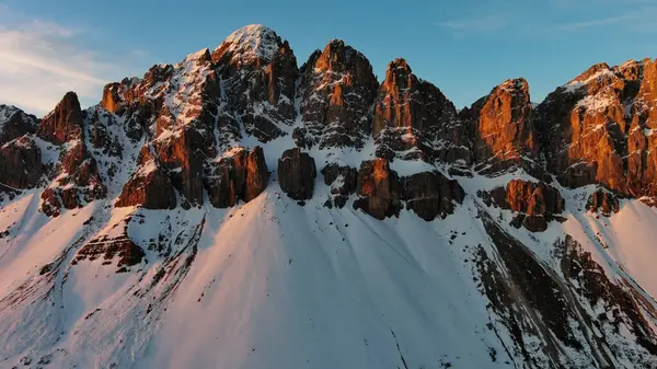 Aerial View Amazing Rocky Mountains Snow Sunrise Dolomitok Olaszország Stock Kép