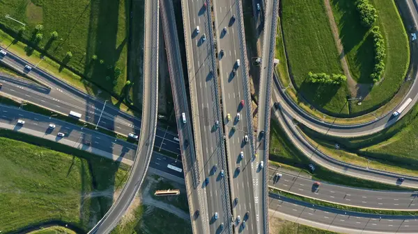 Aerial Top View Lot Cars Modern Road Junction — Stock Photo, Image
