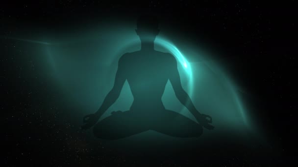 Человеческая Фигура Йоге Лотоса Позирует Большим Светящимся Глазом Заднем Плане — стоковое видео