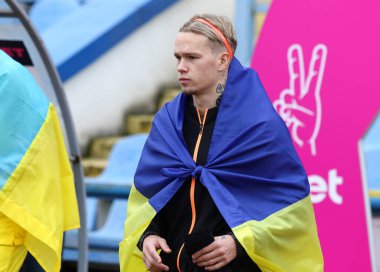 Uzhhorod, Ukraine - November 19, 2022: Mykhailo Mudryk of Shakhtar Donetsk goes to the pitch of Avanhard stadium in Uzhhorod during VBET Ukrainian Premier League game against SC Dnipro-1