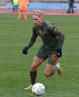 Uzhhorod, Ukraine - November 19, 2022: Mykhailo Mudryk of Shakhtar Donetsk in action during the VBET Ukrainian Premier League game against SC Dnipro-1 at Avanhard stadium in Uzhhorod, Ukraine clipart