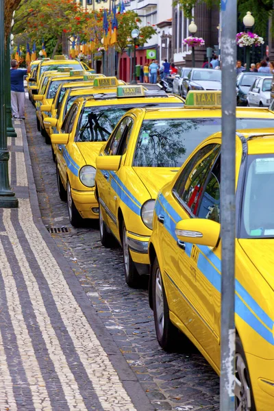 Funchal Portugal Junho Fila Táxis Amarelos Num Posto Táxi Cidade — Fotografia de Stock