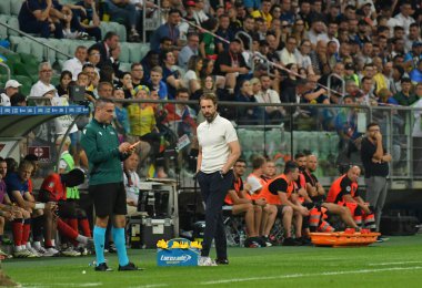 Wroclaw, Polonya - 9 Eylül 2023: Wroclaw, Polonya 'daki Tarczynski Arena' da oynanan UEFA EURO 2024 ön eleme maçı sırasında İngiliz teknik direktör Gareth Southgate
