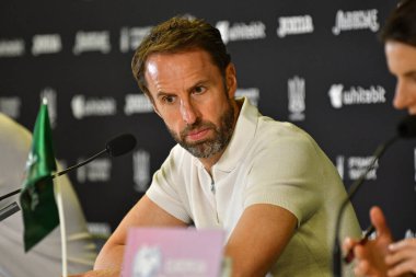 Wroclaw, Poland - September 9, 2023: English manager Gareth Southgate attends press-conference after the UEFA EURO 2024 Qualifying game Ukraine v England at Tarczynski Arena in Wroclaw, Poland clipart