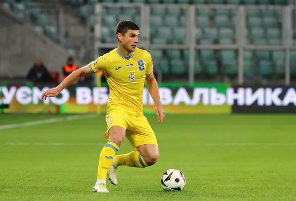 stock image Wroclaw, Poland - March 26, 2024: Ruslan Malinovskyi of Ukraine in action during the UEFA EURO 2024 Play-off game against Iceland at Tarczynski Arena in Wroclaw. Ukraine won 2-1