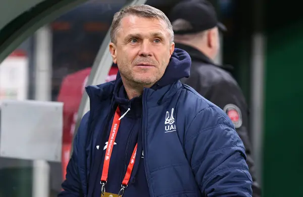 stock image Wroclaw, Poland - March 26, 2024: Ukrainian manager Serhiy Rebrov looks on during the UEFA EURO 2024 Play-off game Ukraine v Iceland at Tarczynski Arena in Wroclaw, Poland