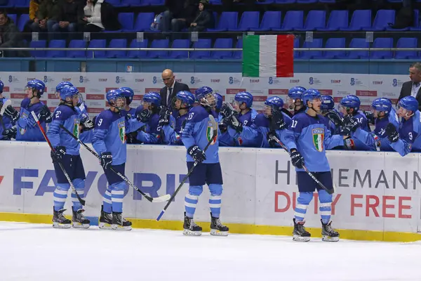 stock image Kyiv, Ukraine - December 12, 2019: Players of Italy National Team react after scored a goal during the IIHF 2020 Ice Hockey U20 World Championship Div 1B game against Poland at Palace of Sports