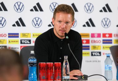 Nuremberg, Germany - June 3, 2024: German manager Julian Nagelsmann speaks during press-conference after the Friendly game Germany v Ukraine at Max-Morlock-Stadion in Nuremberg, Germany clipart