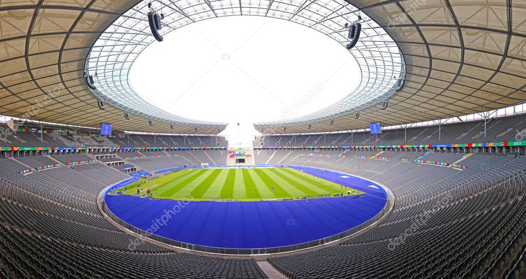 Berlin, Germany - June 7, 2024: Panoramic view of Olympiastadion Berlin decorated in UEFA EURO 2024 set-up, seen during the Open Media Day in week before the UEFA EURO 2024 Tournament