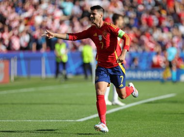 Berlin, Almanya - 15 Haziran 2024: İspanya 'dan Alvaro Morata, Almanya' nın başkenti Berlin 'deki Olympiastadion' da oynanan UEFA EURO 2024 grup maçında attığı golü kutladı.