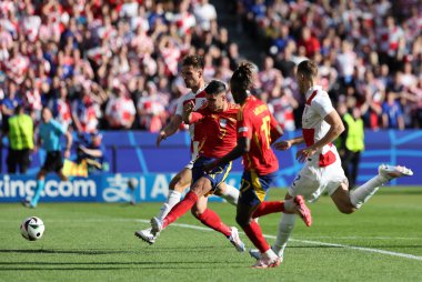 Berlin, Almanya - 15 Haziran 2024: İspanya 'dan Alvaro Morata (# 7), Almanya' nın başkenti Berlin 'deki Olympiastadion' da oynanan UEFA EURO 2024 grup maçında gol attı.