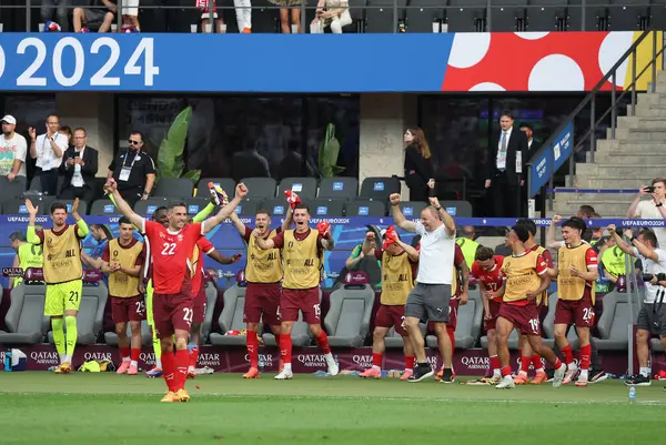 stock image Berlin, Germany - June 29, 2024: Swiss players and staff celebrate the winning of the UEFA EURO 2024 Round of 16 game Switzerland v Italy at Olympiastadion in Berlin