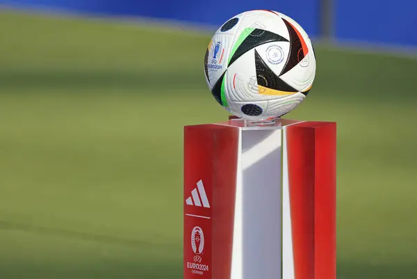 stock image Berlin, Germany - June 25, 2024: Adidas FUSSBALLLIEBE, the Official Match Ball of UEFA EURO 2024 on pedestal before the UEFA EURO 2024 group stage game Netherlands v Austria at Olympiastadion Berlin 