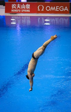 Berlin, Almanya - 24 Mart 2024: Zongyuan wang, Dünya Sucul Dalış Şampiyonası Erkekler 3 metre Springboard Finali sırasında Berlin, Almanya 'da konser verdi.